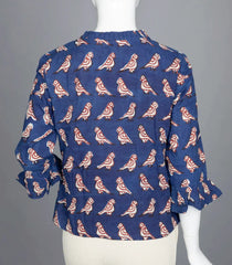 Indigo Blue Bird Print Ruffled-Neck Top with Tie-Up-RB5242