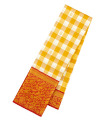 Mustard & White Handloom Korvai Kanchipuram Silk Saree With Checks & Buttas-KA16680