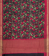 Black Printed Tussar Silk Saree With Floral Motifs-TU3603