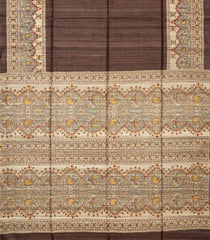 Dark Brown Handloom Tussar Silk Saree With Printed Fish Motifs