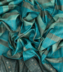 Turquoise Handloom Tussar Silk Saree With Checks & Printed Floral Motifs-TU2797