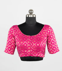 Rani Pink Blended Silk Banarasi Brocade Readymade Saree Blouse with Floral Motifs   -RB5283