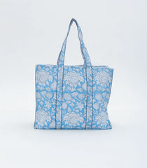 Light Blue Bagru Printed Handmade Cotton Quilted Tote Bag-ACS1031
