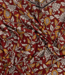 Crimson Woven Kalamkari Cotton Saree With Printed Motifs-KAL1158