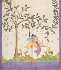 Taupe Handloom Tussar Silk Saree With Printed Lord Krishna Motifs-TU3463