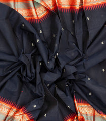 Black Handloom Kanchi Cotton Saree With Checks & Orange Silk Border-KC1523