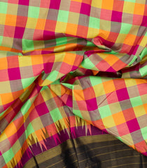 Multi Colour Handloom Korvai Kanchipuram Silk Saree With Checks & Contrast Border-KA13351