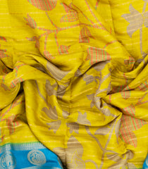 Lemon Yellow Printed Synthetics Dola with Zari Stripes & Contrast Border-BL5218