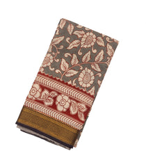 Grey Woven Kalamkari Printed Cotton Saree With Floral Vine Motifs