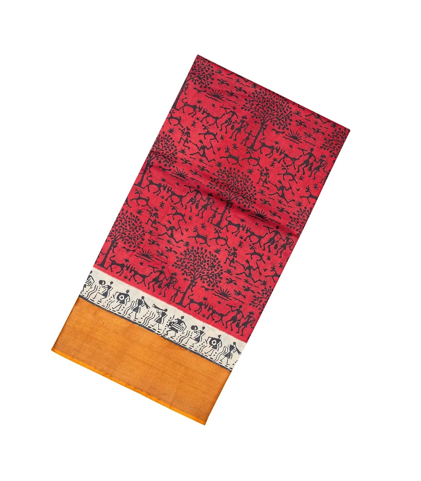 Tussore Dark Peach Handloom Tussar Silk Saree With Printed Tribal Motifs-TU2531