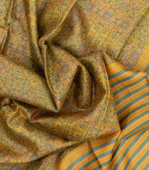 Mustard Printed Silk Saree With Floral Motifs & Contrast Border-PS0786