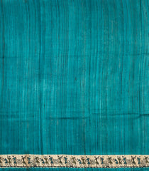 Beige Printed Tussar Silk Saree With Cyan Tribal Motifs & Contrast Border-TU3777