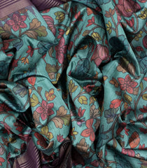 Turquoise Woven Synthetic Dupion Saree With Printed Kalamkari Motifs-BL4334