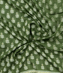 Leafy Green Printed Chanderi Cotton Saree With Floral Motifs-CC1477