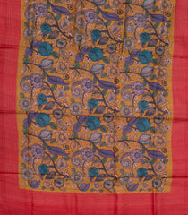 Mustard Woven Tussar Silk Saree With Printed Kalamkari Motifs-TU2911