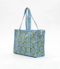 Green Bagru Printed Handmade Cotton Quilted Tote Bag With Zipper-ACS1042