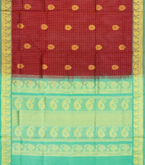 Crimson Handloom Silk Cotton Saree With Checks & Buttas-SC4739