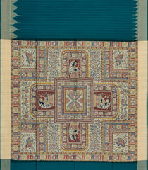 Teal Printed Art Dupion Saree With Madhubani Pallu-BL5064