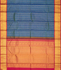 Blue Handloom Korvai Kanchipuram Silk Saree With Checks & Contrast Border-KA13028