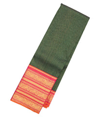 Bottle Green Handloom Korvai Kanchipuram Silk Saree With Zari Stripes-KA12753