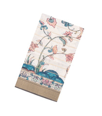 Cream Printed Synthetic Dupion Saree With Zari Stripes & Grey Border-SY0240
