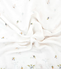 White Printed Art Linen Saree With Bird Motifs-SY0593