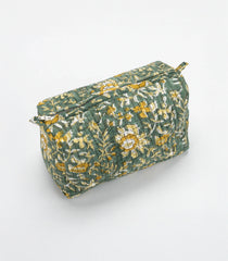 Dark Green Cotton Bagru Printed Toiletry Bag With Zipper-ACS1079