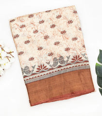 Cream Handloom Tussar Silk Saree With Printed Floral Motifs-Cream