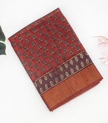 Rust Handloom Tussar Silk Saree With Printed Floral Motifs-Rust