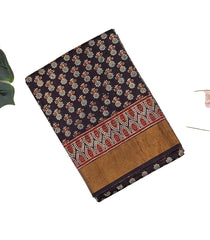 Charcoal Handloom Tussar Silk Saree With Printed Floral Motifs-Black