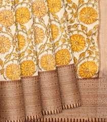 Yellow Chanderi Cotton Saree With Printed Floral Vine Motifs-Yellow