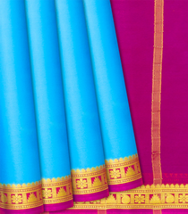 Turquoise Mysore Plain Crepe Silk Saree With Contrast Pink Border-Turquoise