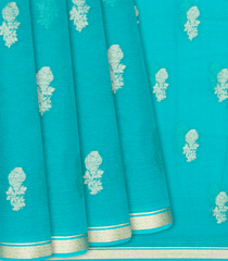 Turquoise Woven Mysore Chiffon Silk Saree With Floral Motifs-Turquoise