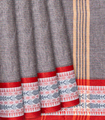 Dark Grey Bengal Cotton Saree With Stripes & Red Border-Dark Grey