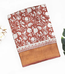 Brown Handloom Tussar Silk Saree With Printed Floral Motifs-Brown