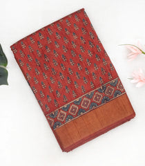 Red Handloom Tussar Silk Saree With Printed Floral Motifs-Red