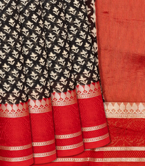 Black Chanderi Cotton Saree With Printed Floral Motifs & Red Border-Black