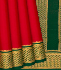 Red Mysore Plain Crepe Silk Saree With Green Border-Red