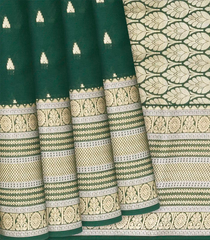 Dark Green Mysore Crepe Silk Saree With Temple Zari Buttas-Dark Green