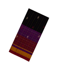 Black Handloom Bengal Cotton Saree With Stripes & Buttas-BG1644