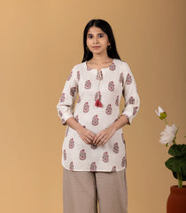 Beige & Pink Floral Printed Short Kurti Top: KR0842