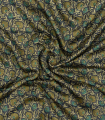 Green Printed Chanderi Cotton Saree With Checks & Floral Motifs-CC1612