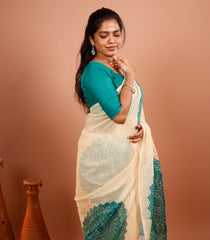 Cream Printed Synthetic Linen Saree With Floral Motifs-SY0494