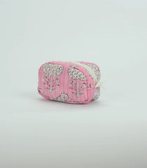 BubbleGum Pink Cotton Bagru Printed Coin Pouch With Zipper-ACS1064