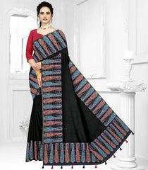 Black Printed Synthetic Linen Saree with Zari Border-BL5874