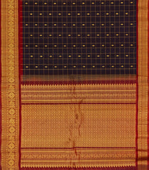 Black Handloom Gadwal Silk Cotton Saree With Checks & Buttas-GA0362