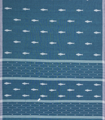Blue Handloom Bengal Cotton Saree With FIsh Buttas-BG1749