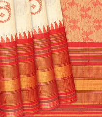 Cream Handwoven Tussar Silk Saree With Floral Motifs-Cream