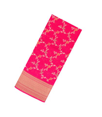Hot Pink Printed Synthetic Dola Silk Saree With Floral Motifs & Zari Stripes-SY0467