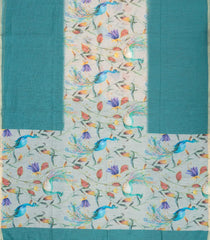 Cyan Woven Art Linen Saree With Printed Bird Motifs-BL3726
